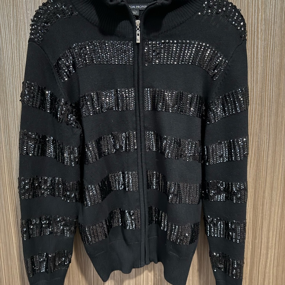 Boston Proper Black Sequin Striped Zip-Up Sweater Size M